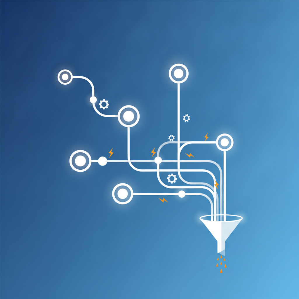 Abstract visual of interconnected automation modules flowing into one pipeline