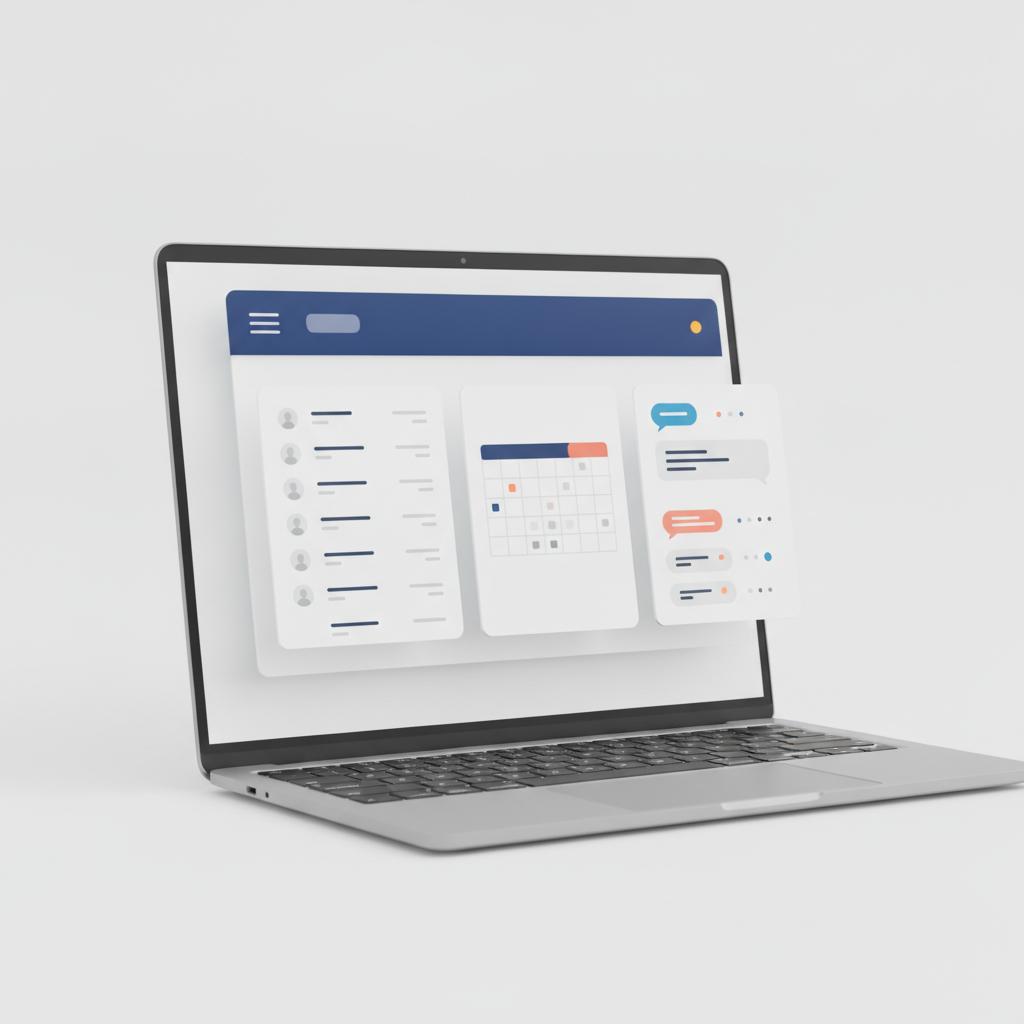 BYOND CRM interface on a laptop showing contacts, calendar, and messaging